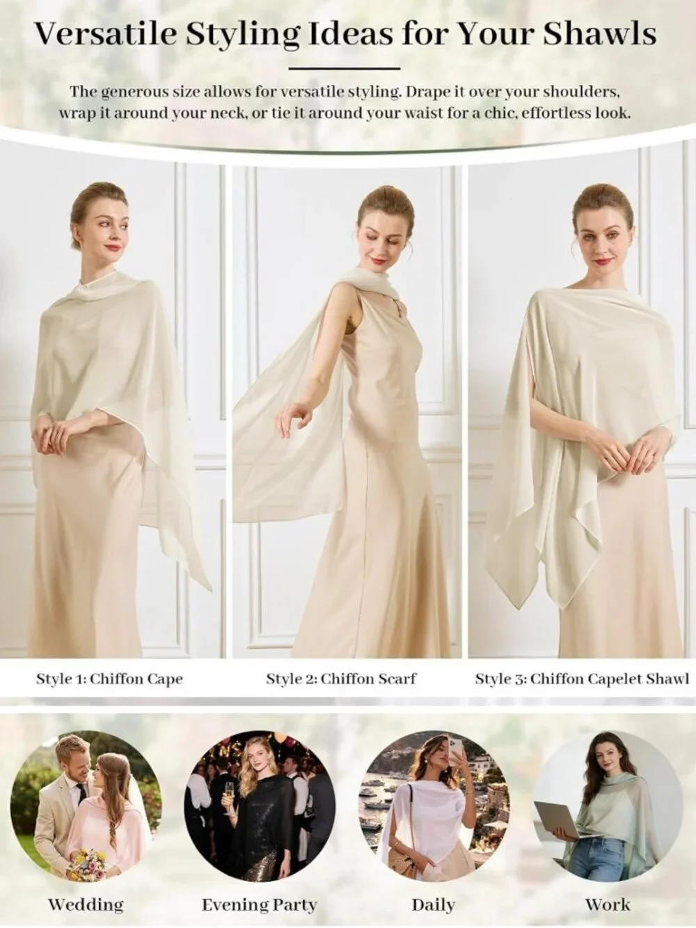Elegant Sheer Chiffon Cape Shawl Wrap Scarf - Versatile 3 Ways to Wear for